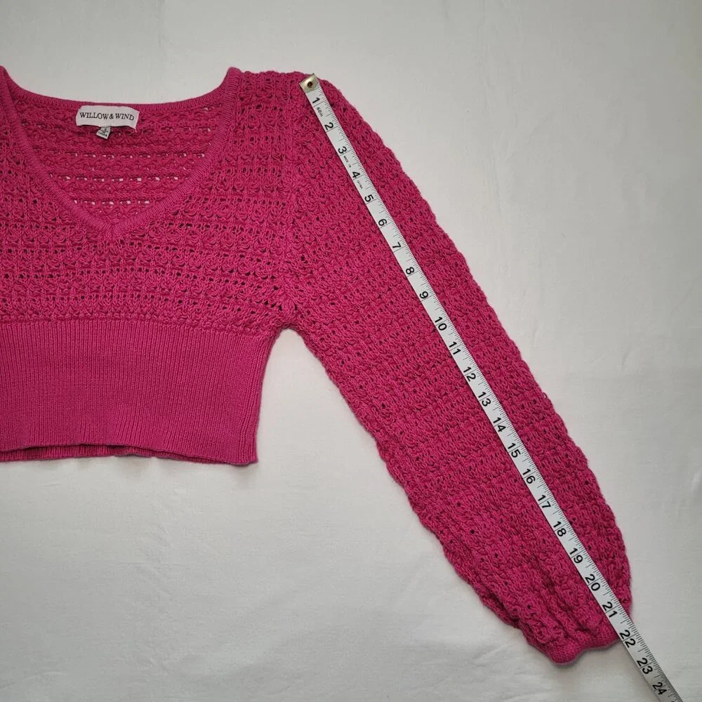 Willow & Wind Knit Cropped V-Neck Sweater Fuchsia Crochet Small Boho